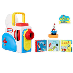 Dream Machine Dr. Seuss Starter Pack kids watching story on the wall three stories and cat character side of dream machine holding books External Video 1 Story Dream Machine Dr. Seuss Starter Pack