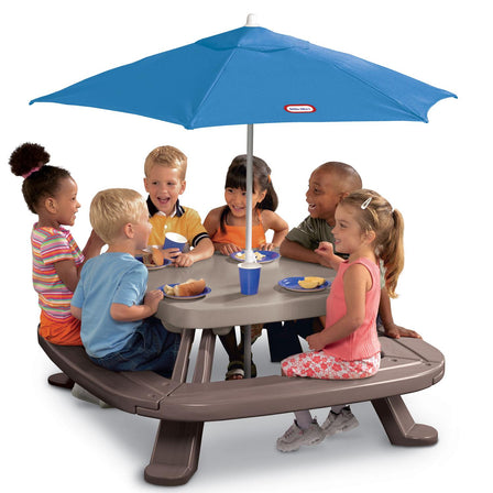 Fold 'n Store™ Picnic Table with Market Umbrella - 
This unique 4-sided table seats up to 8 kids.