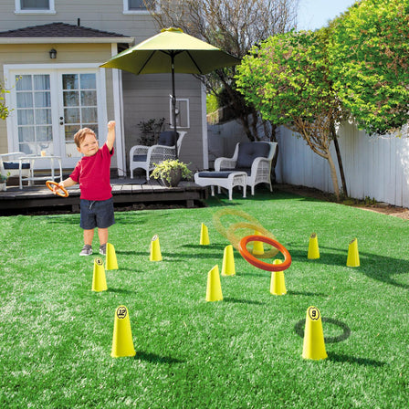 Hours of Fun 4-in-1 Backyard Games™ - 
Take turns tossing the rings onto the cones. Players score points for each successful ring that lands around a cone