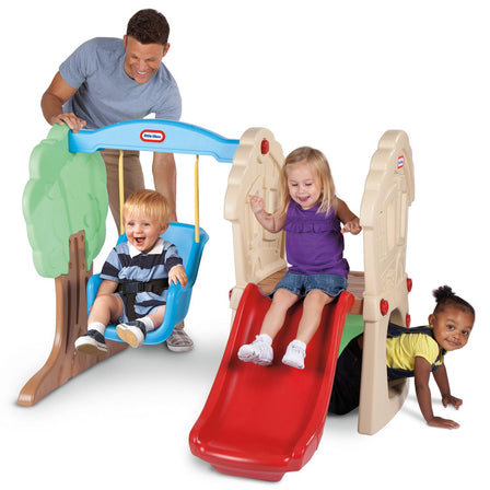 Hide & Seek™ Climber & Swing - 
Gentle-slope slide for soft landings.