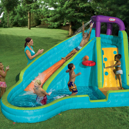 Slam 'n' Curve Slide - 
Roomy splash pool includes an inflatable basketball hoop and ball.