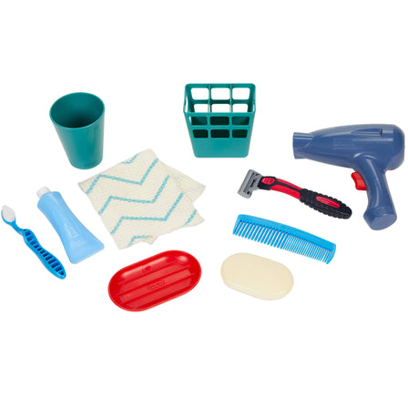 First Bathroom Sink - 
12 realistic bathroom accessories include: hair dryer, toothbrush, toothpaste, soap and dish, cup, mirror, hand towel, comb, razor, storage bin, and sink stopper.