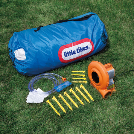 2-in-1 Wet 'n Dry Bouncer & Water Slide - 
Includes: stakes to anchor bouncer; heavy-duty blower with GFCI plug with stakes; bouncer storage bag and repair kit.